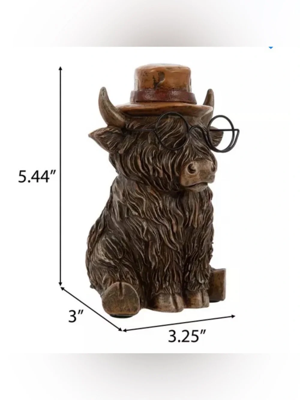 Decorative Brown Highland Cow Figurine with Hat and Glasses - Home Dining Accent
